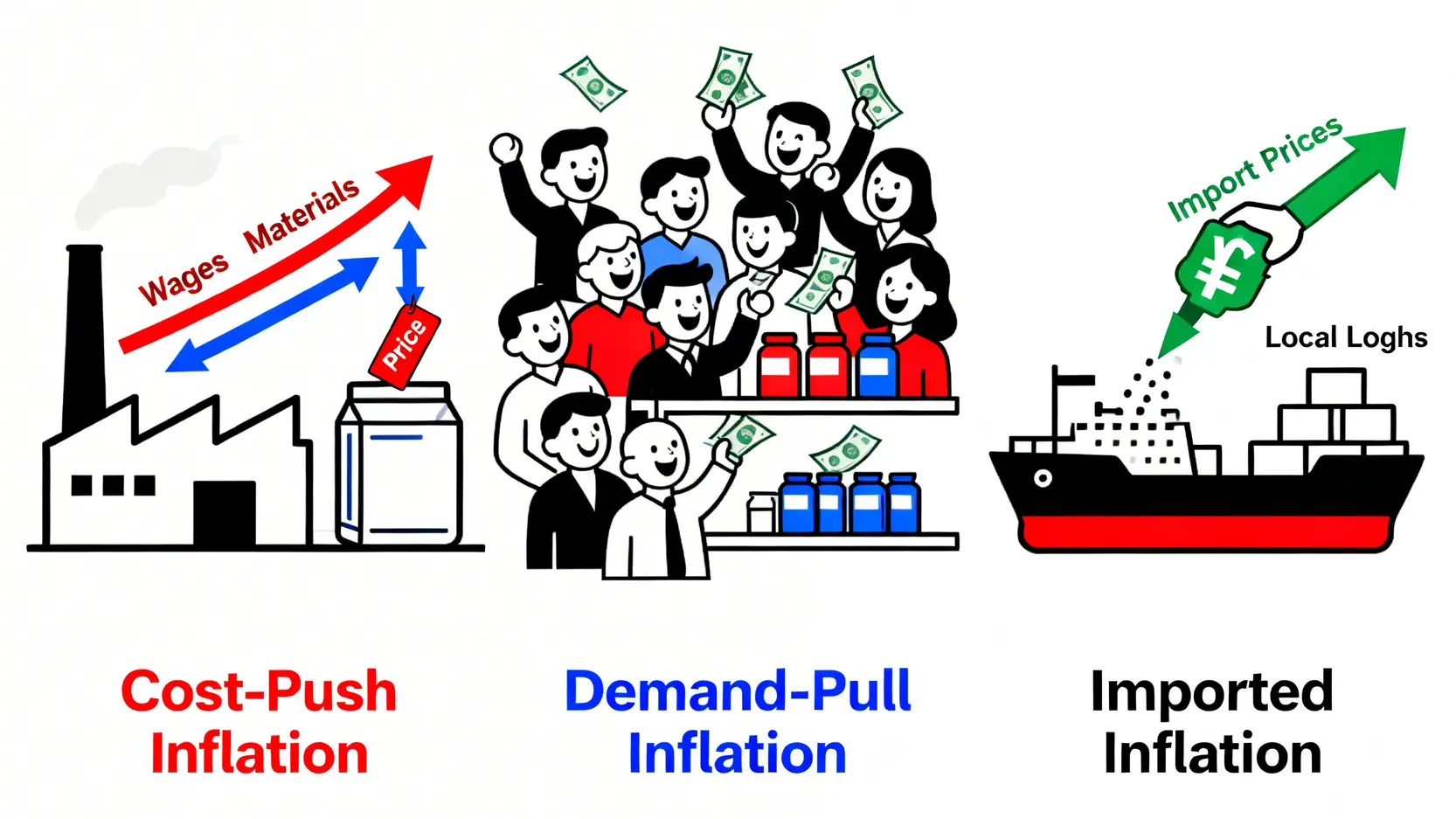 一張包含三個面板的示意圖,分別解釋了通脹的三大成因:成本推動(生產成本上升)、需求拉動(過多貨幣追逐過少商品)以及輸入型通脹(進口商品價格上漲)。