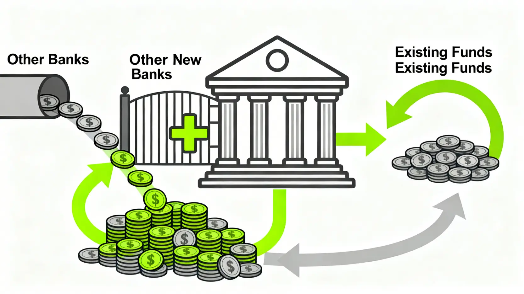 示意圖解釋銀行如何處理新資金和現有資金,新資金從外部轉入可獲得更高的利息回報。