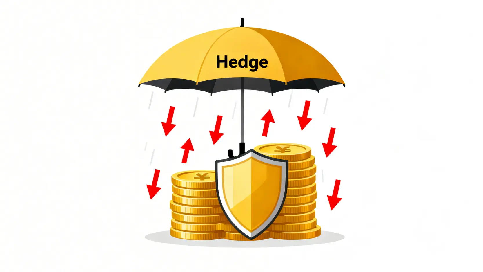 一張概念圖,展示一把標示著「對沖」的保護傘,正在為一疊資產(金幣)抵擋象徵市場風險的紅色下跌箭頭。