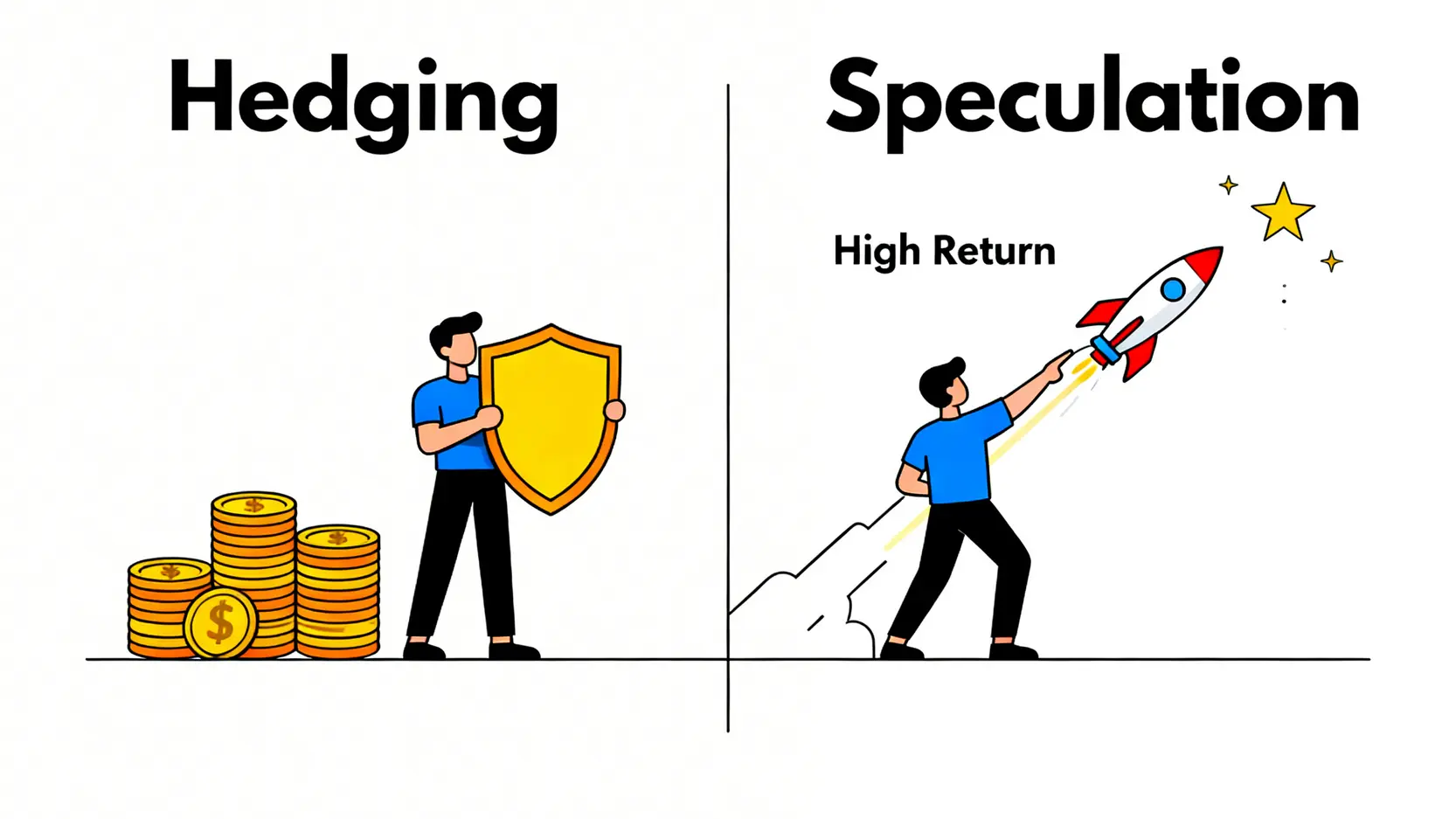 一張對比圖,左邊顯示「對沖」是使用盾牌保護資產的防守行為,右邊顯示「投機」是發射火箭追求高回報的進攻行為。
