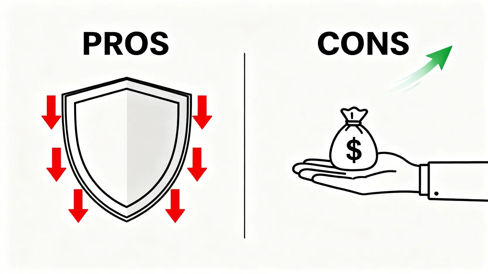一張對比圖,左邊是代表保護資產的盾牌,右邊是代表機會成本和交易費用的金錢,解釋外匯對沖的優點與缺點。