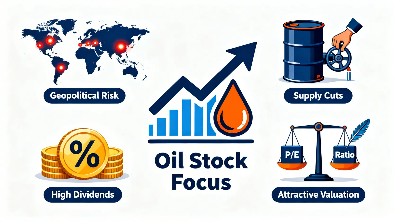 一張概念示意圖,展示了推動近期石油股成為市場焦點的四個關鍵因素:地緣政治風險、供應削減、高股息回報和具吸引力的估值。