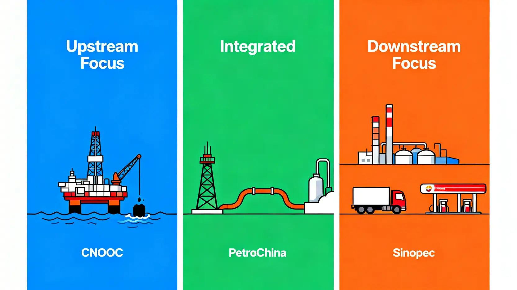 一張對比圖,比較了三家主要石油公司的業務模式:一家專注於上游開採,一家是覆蓋上中下游的一體化模式,另一家則側重於下游煉油和銷售。