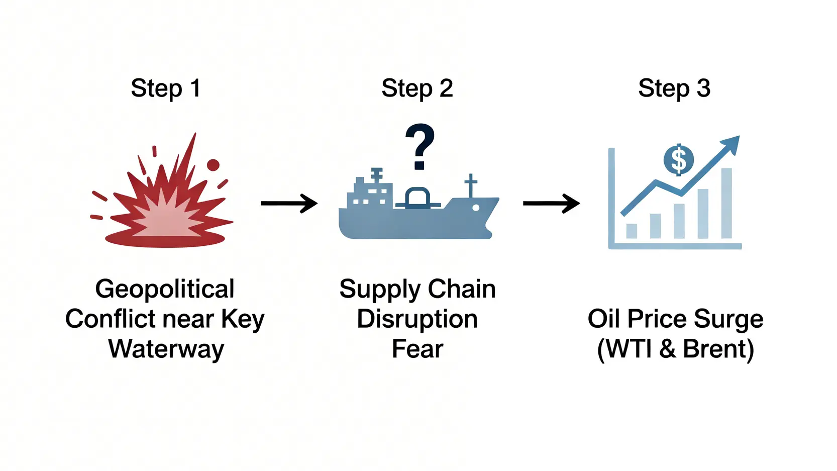 一張流程圖,展示地緣政治衝突如何引發供應鏈擔憂,最終導致國際油價上漲的過程。