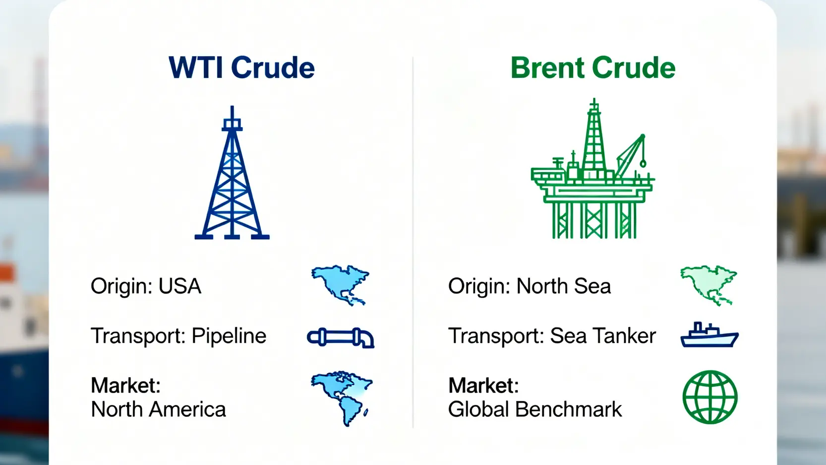 一張對比圖,並列展示WTI原油和布蘭特原油在產地、運輸方式和市場基準方面的主要區別。