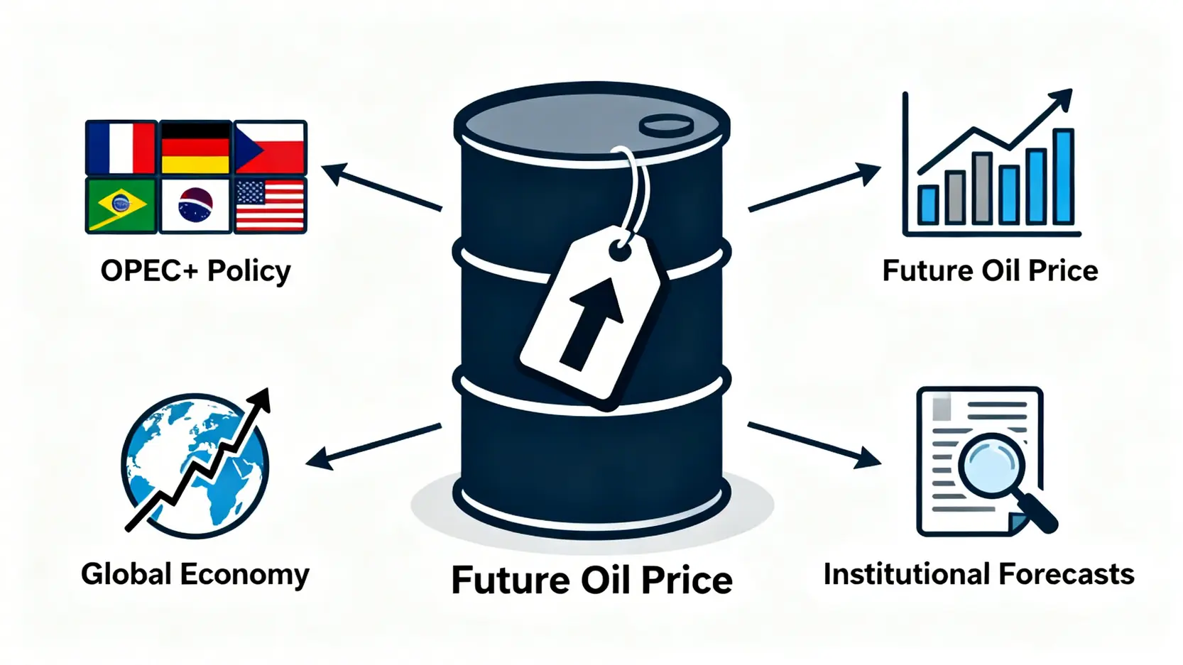 一張概念圖,展示影響未來油價的三大核心因素:OPEC+產量政策、全球經濟前景以及權威機構預測。