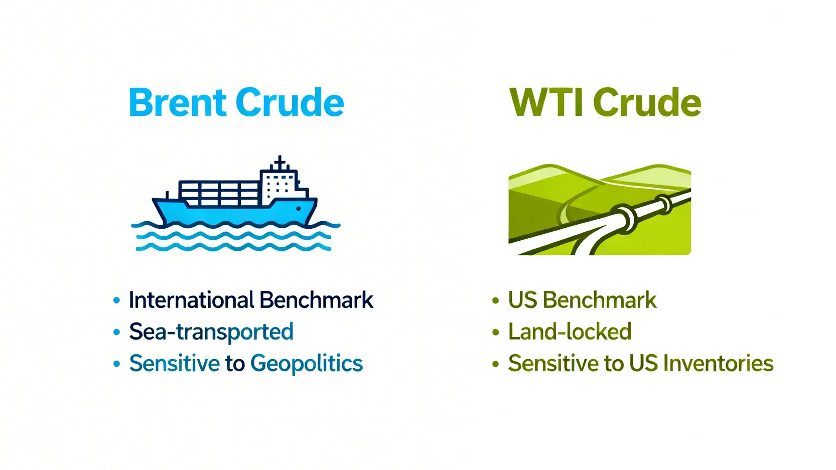 布蘭特原油與紐約期油的對比圖,比較了兩者的定價基準、運輸方式和主要影響因素。