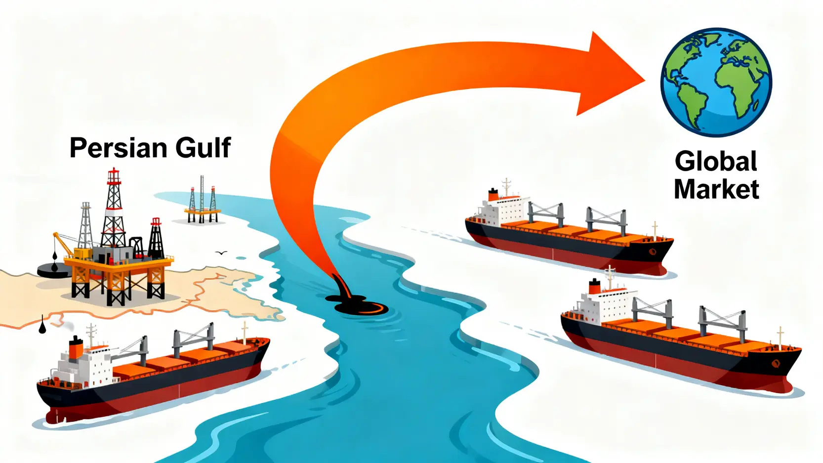 霍爾木茲海峽作為全球石油運輸咽喉的示意圖,顯示油輪從波斯灣駛向全球市場。