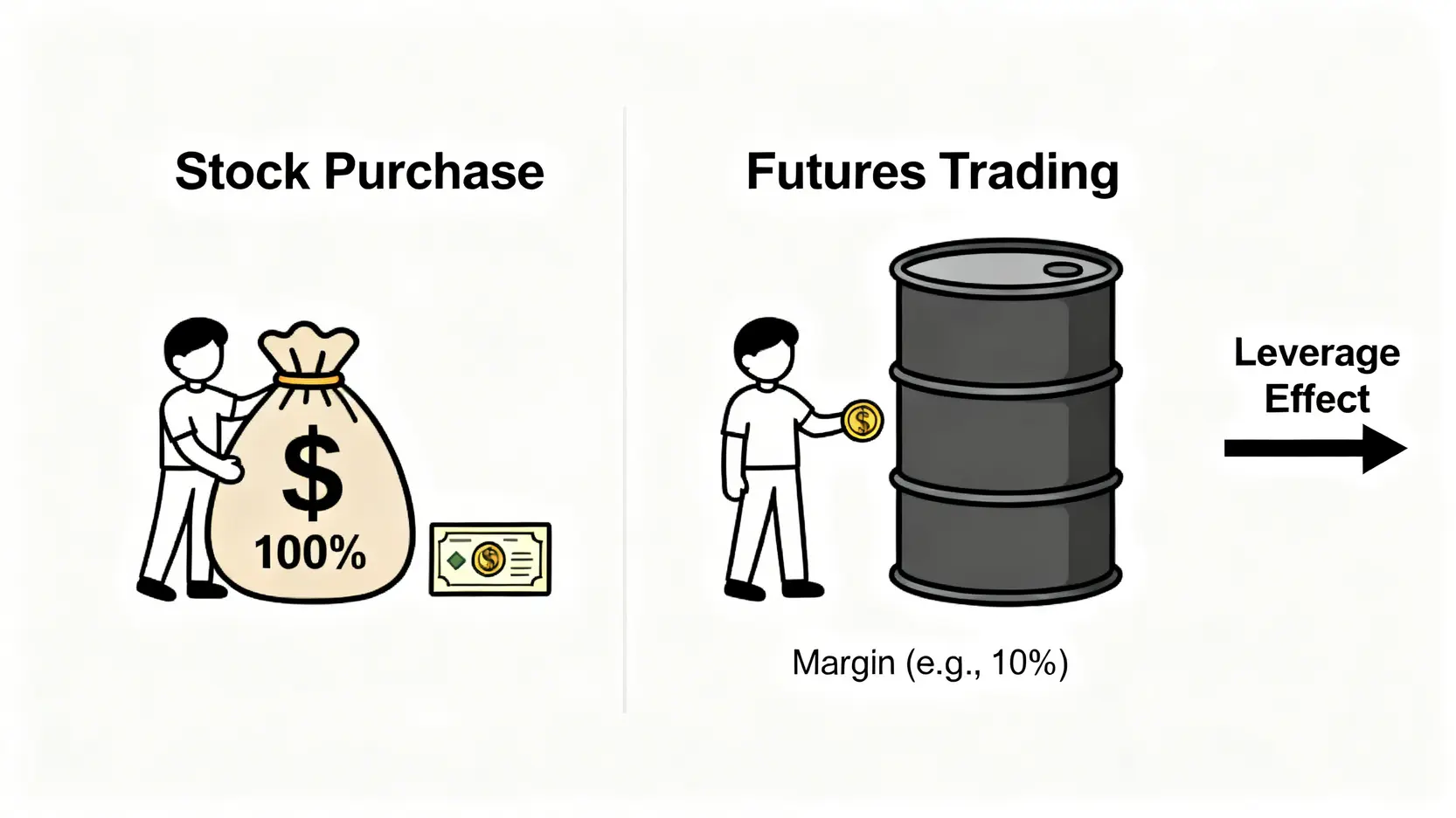 期貨保證金制度與股票交易的對比圖,突顯期貨的槓桿效應。