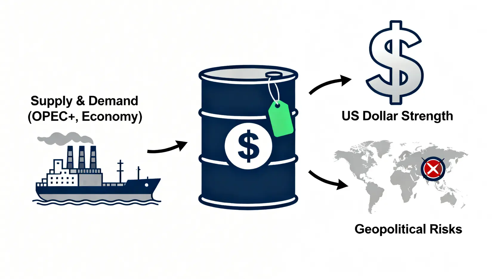 影響原油價格的三大關鍵因素圖解:供需關係、美元強弱與地緣政治風險。