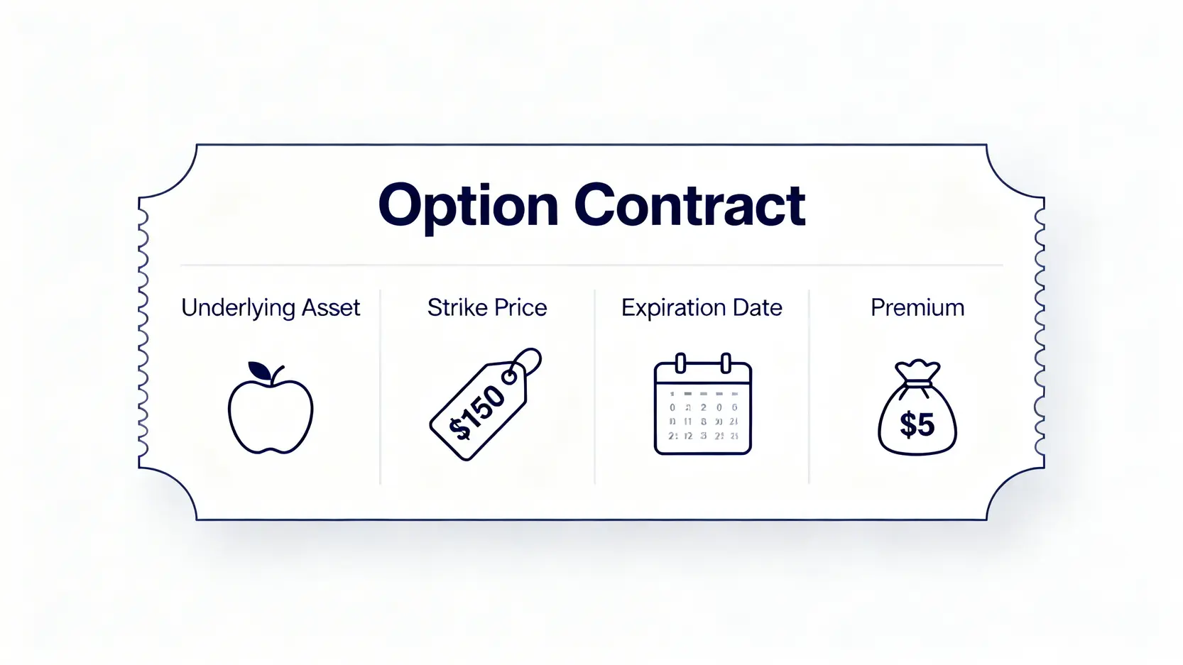 一張期權合約的示意圖,清晰標示出標的資產、履約價、到期日和權利金四個核心要素。