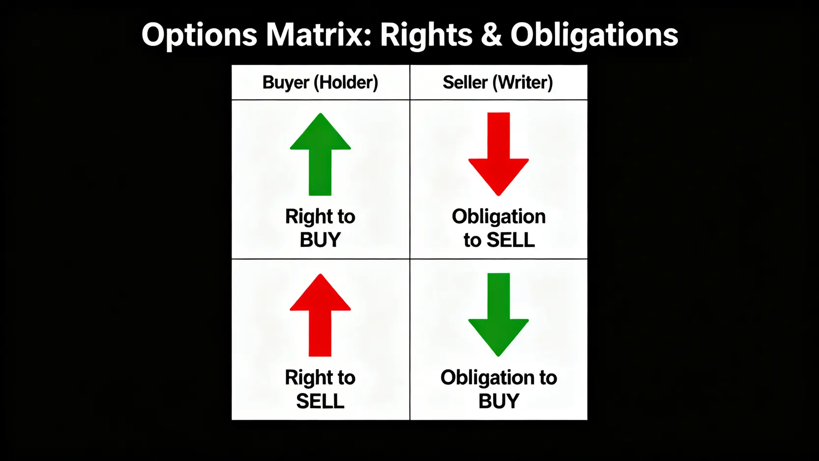一張2x2的矩陣圖,詳細說明了看漲期權(Call)和看跌期權(Put)的買方與賣方的權利和義務對比。