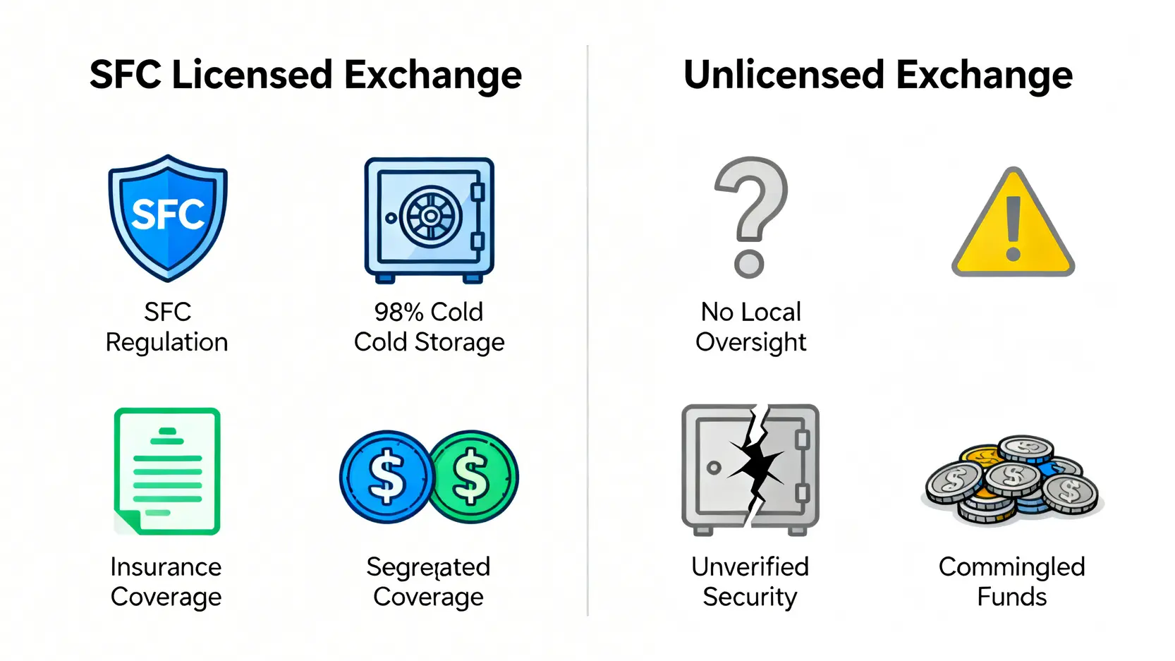 一張對比圖,展示SFC持牌交易所與非持牌交易所在監管、資產儲存和保險方面的安全差異。