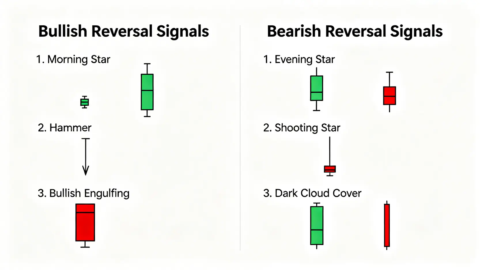 必學的K線組合形態圖解,包含牛市反轉訊號如早晨之星、錘頭,以及熊市反轉訊號如黃昏之星、射擊之星。