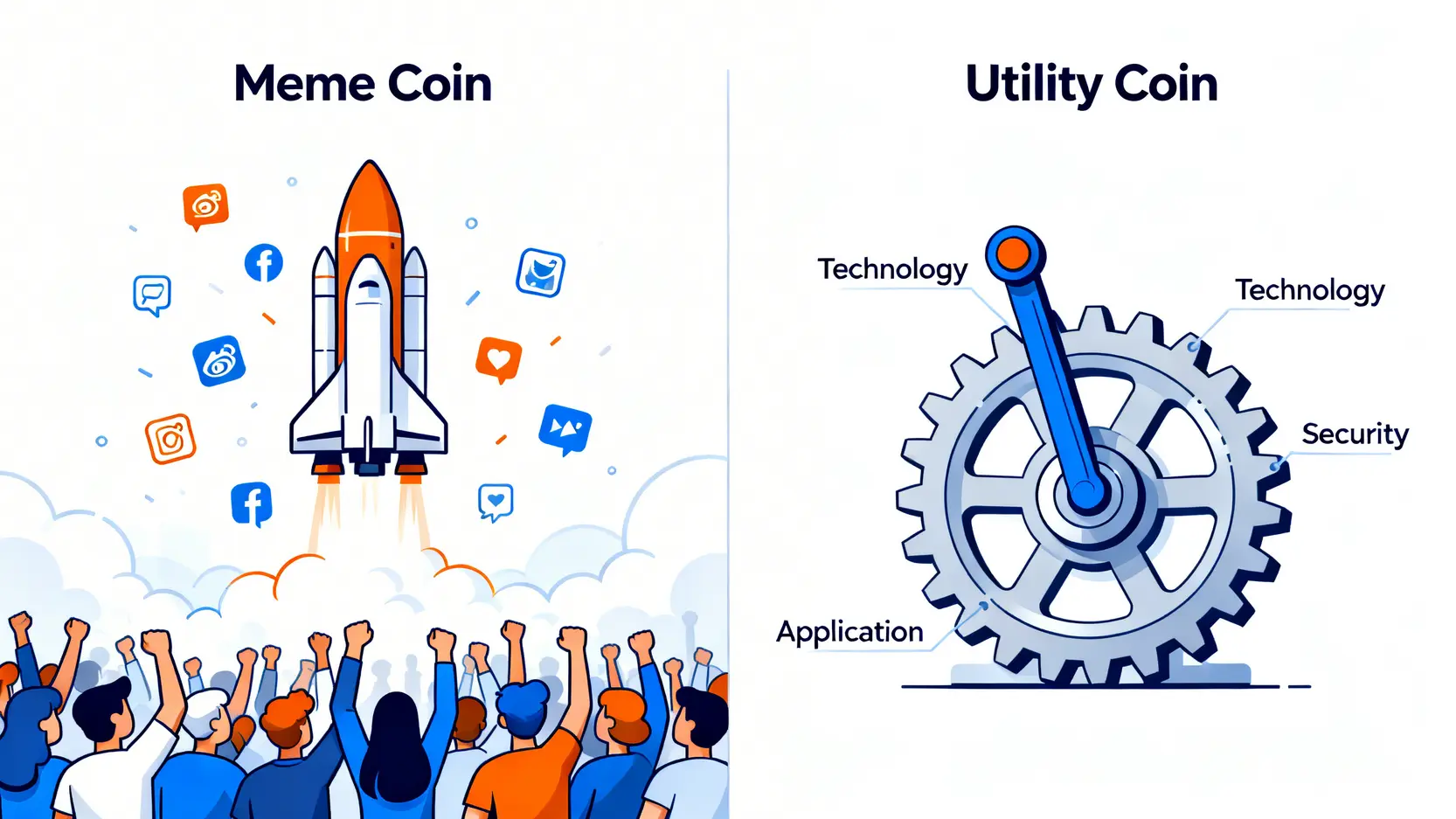 Meme幣與主流加密貨幣的價值基礎對比圖,左邊是社群和熱度驅動的Meme幣,右邊是技術和應用驅動的主流幣。