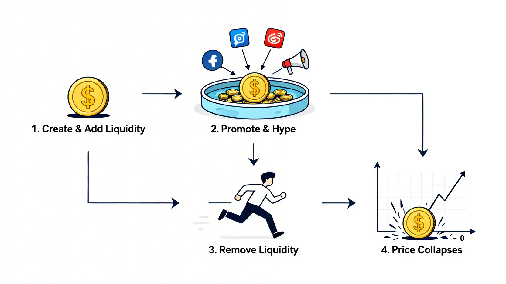 Rug Pull騙局四步驟流程圖,從發行項目、市場推廣、抽走流動性到最終幣價歸零。
