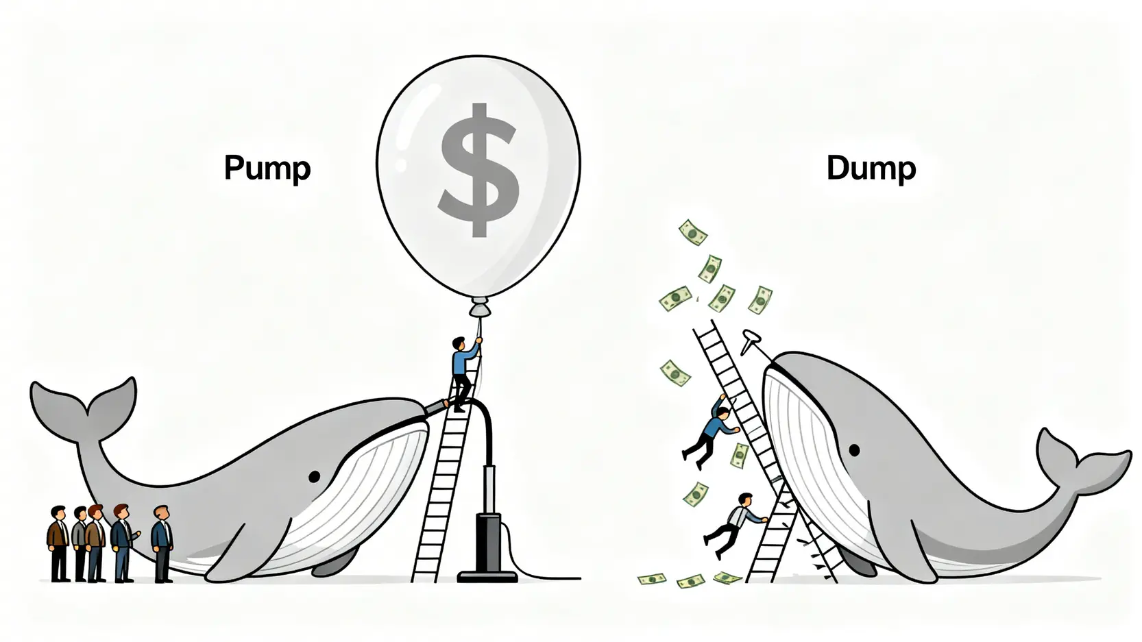 泵炒與傾銷(Pump and Dump)市場操縱示意圖,顯示巨鯨拉高價格吸引散戶後再拋售獲利。
