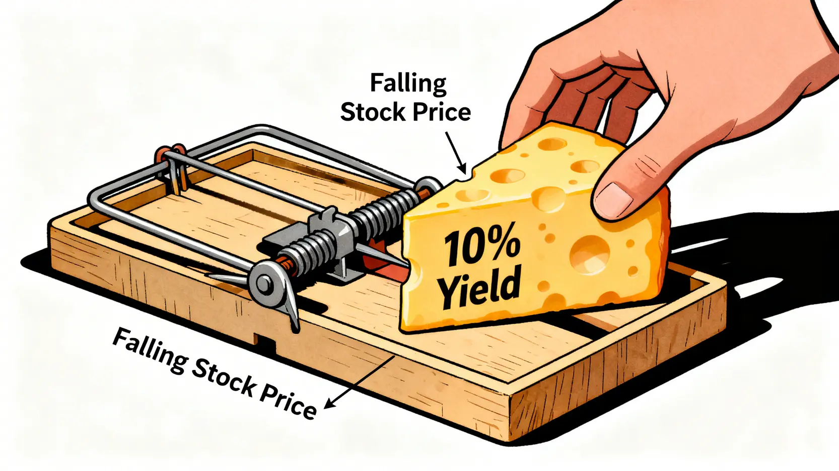 高息陷阱的概念圖,用一個標示高殖利率的捕鼠器來比喻,警示投資者股價下跌可能導致的本金損失風險。