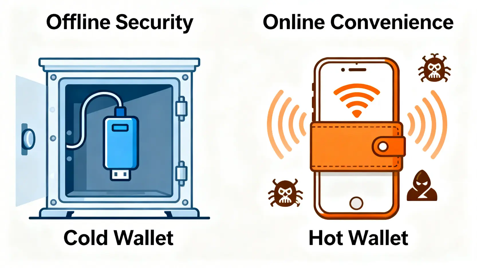冷錢包與熱錢包的核心差異對比圖,展示了冷錢包的離線安全性與熱錢包的線上便利性。