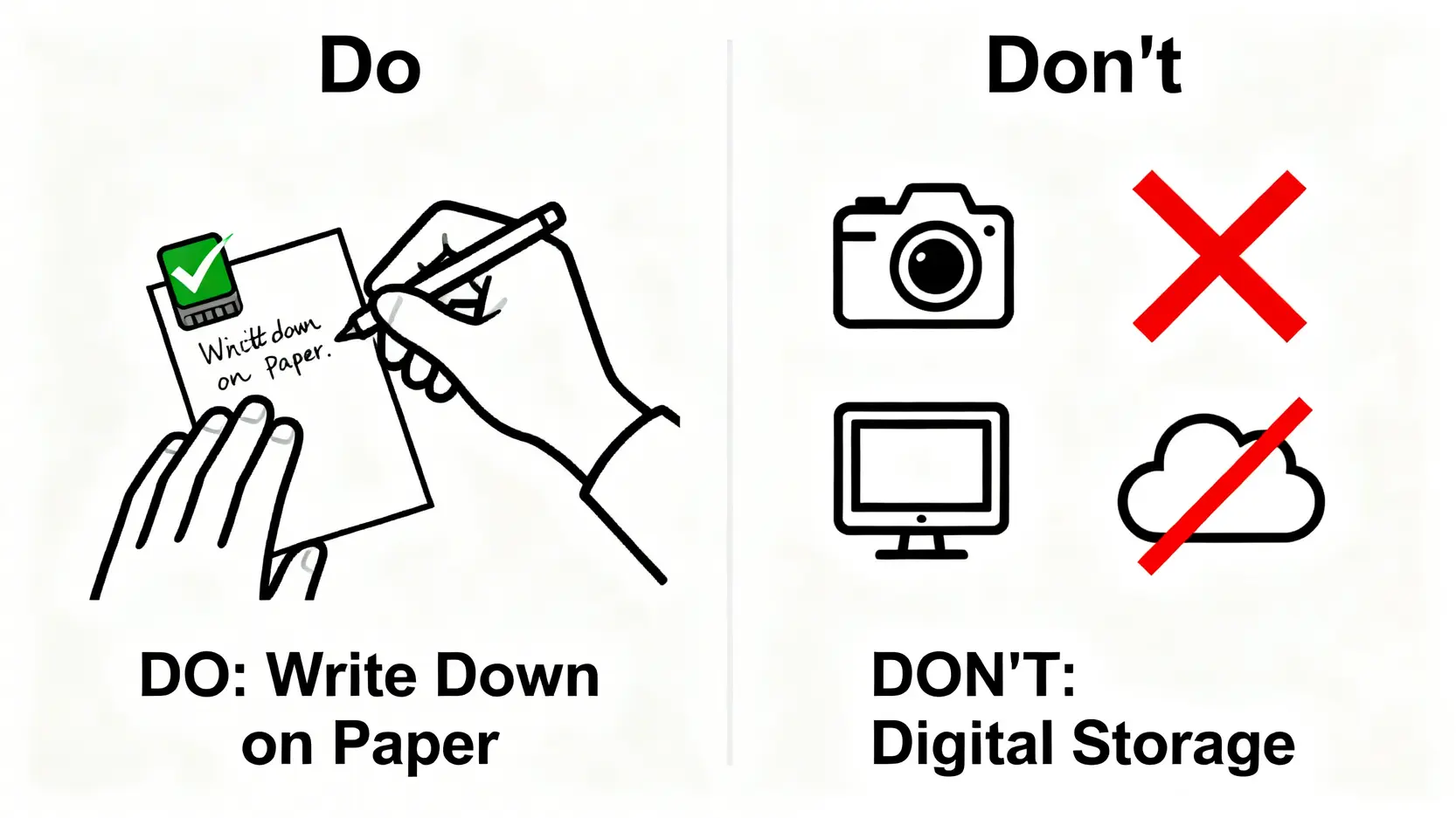 正確處理24個助記詞的安全指南,強調手寫備份並禁止數位儲存。