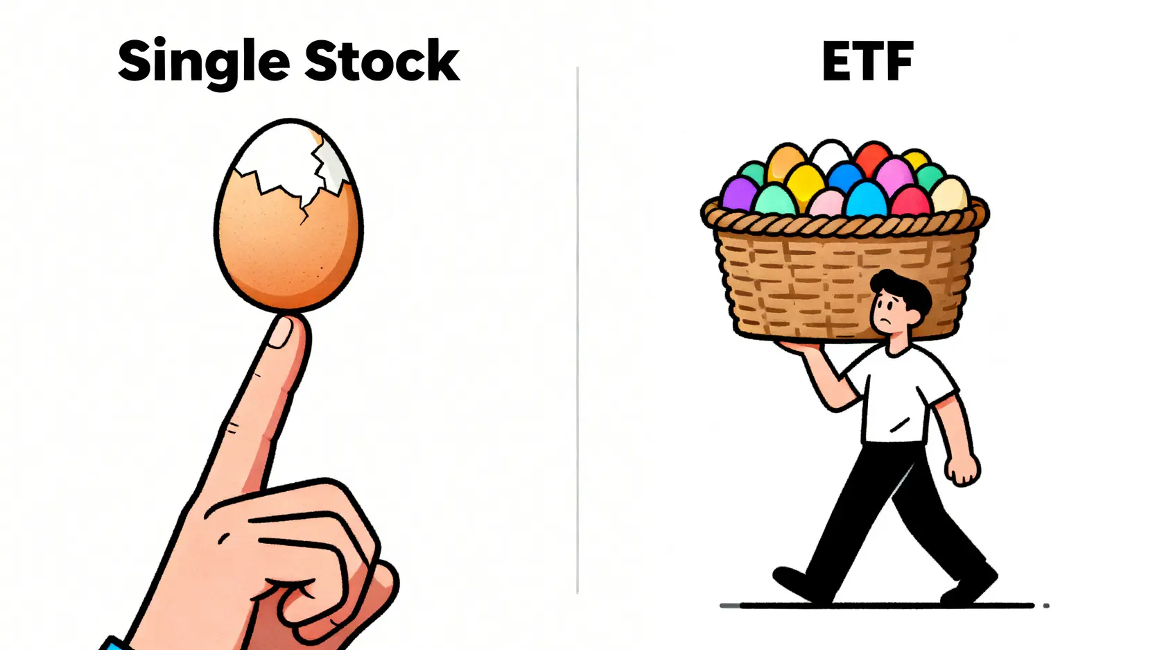 投資單一股票與投資ETF的風險分散概念圖,展示ETF如何通過持有眾多股票來降低風險。