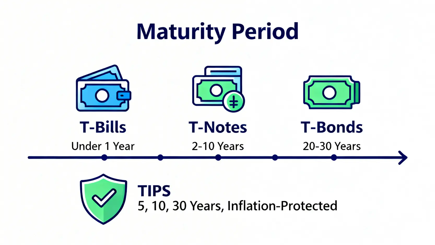 四種主要美國國債類型比較圖,按年期長短排列國庫票據、國庫票據、國庫債券和抗通脹債券。