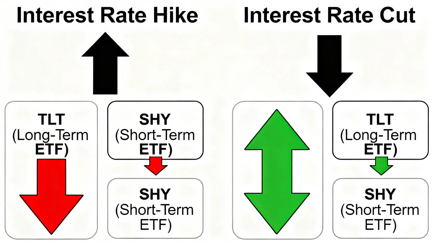美國聯儲局加息與減息對長短期國債ETF影響的對比圖。