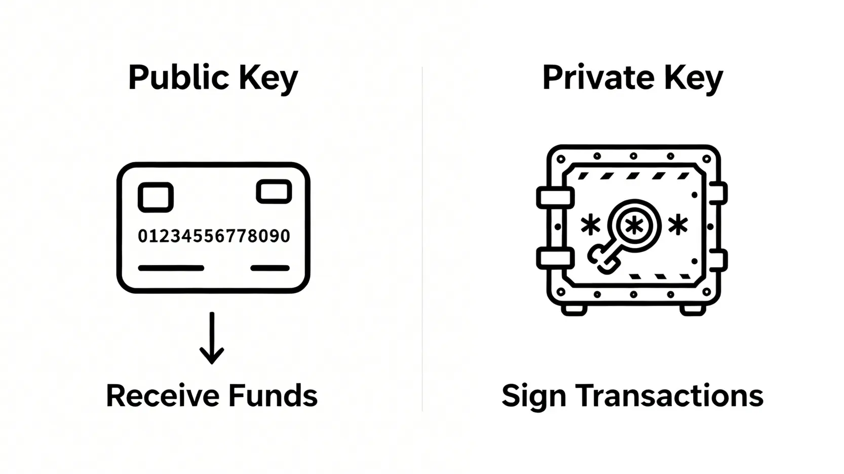 公鑰與私鑰的功能對比圖,說明公鑰如銀行帳號用於收款,私鑰如密碼用於授權交易。