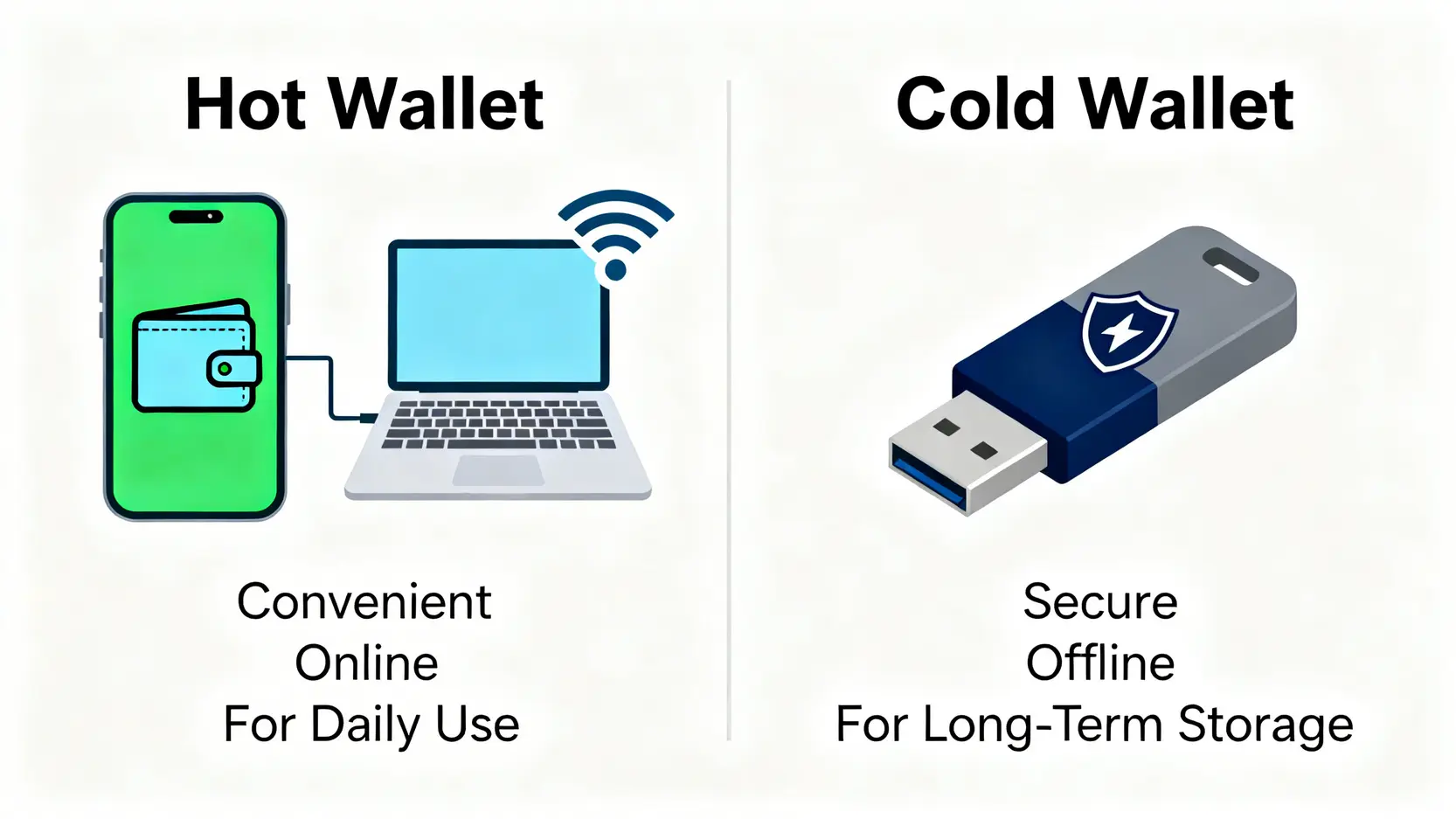 熱錢包與冷錢包(凍錢包)的對比圖,展示了熱錢包的連網便利性與冷錢包的離線安全性。