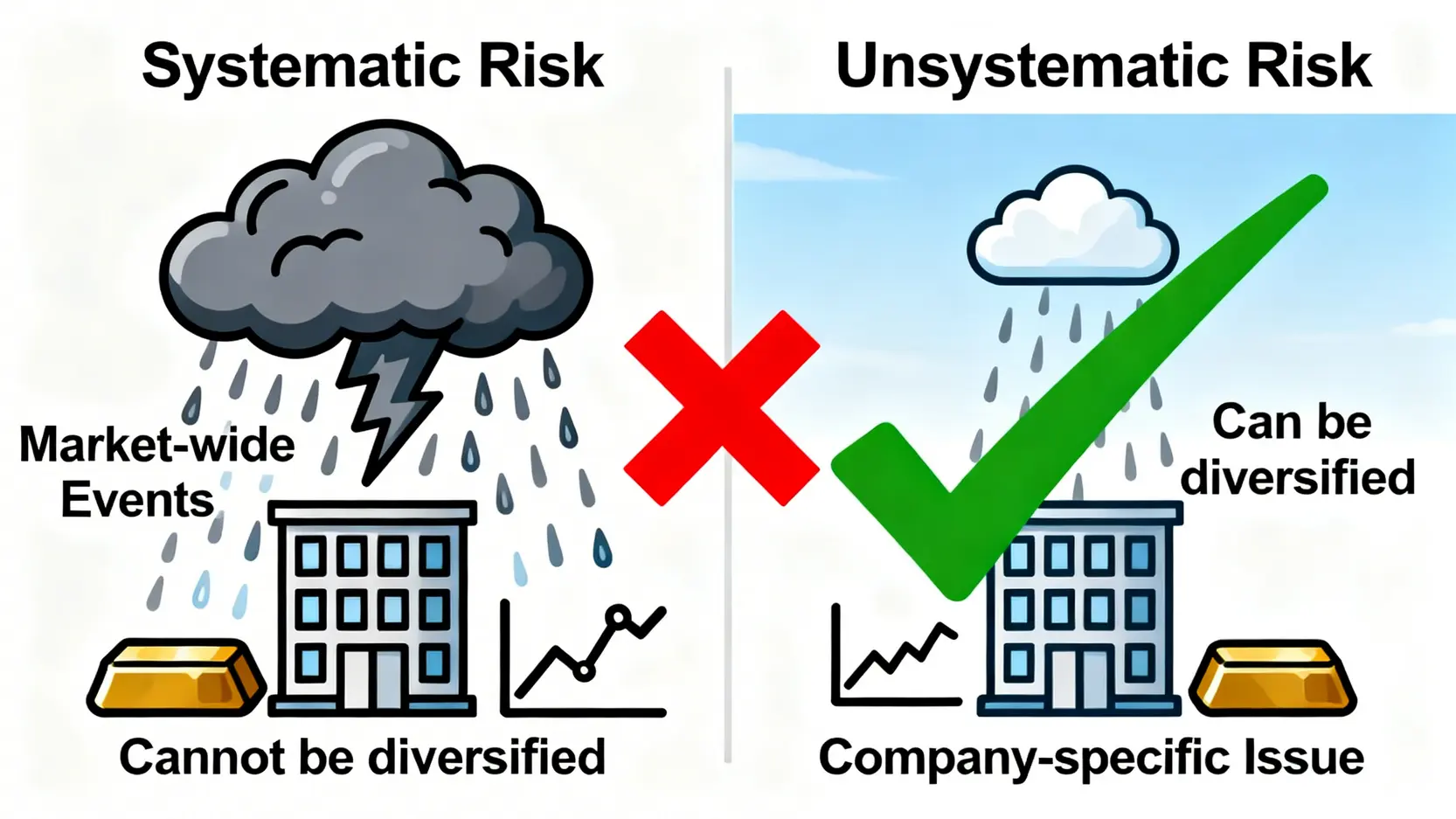 系統性風險與非系統性風險的對比圖,顯示分散投資可以降低非系統性風險。
