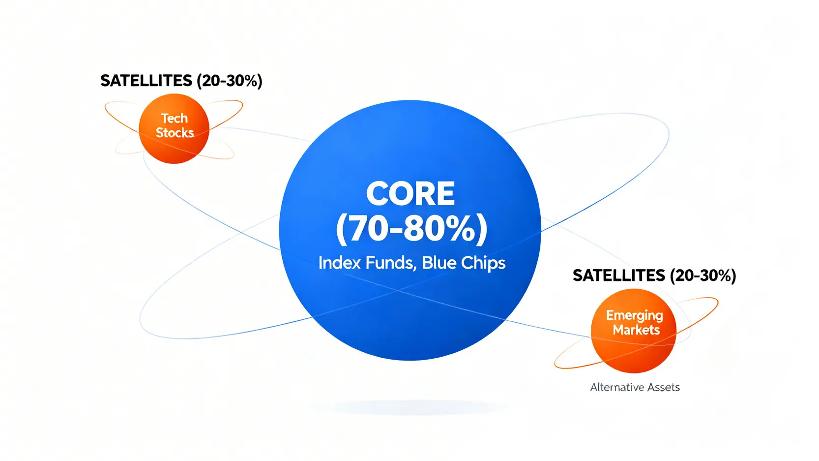 核心-衛星資產配置策略示意圖,中間是穩健的核心投資,周圍環繞著較高風險的衛星投資。