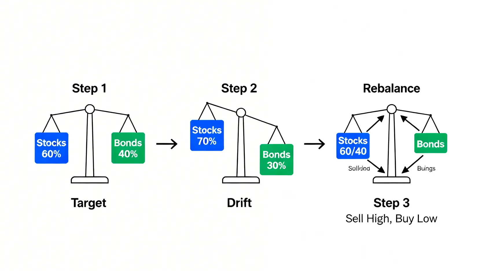 恆定比例資產配置的再平衡流程圖,展示賣出超額資產並買入不足資產以恢復目標比例的過程。