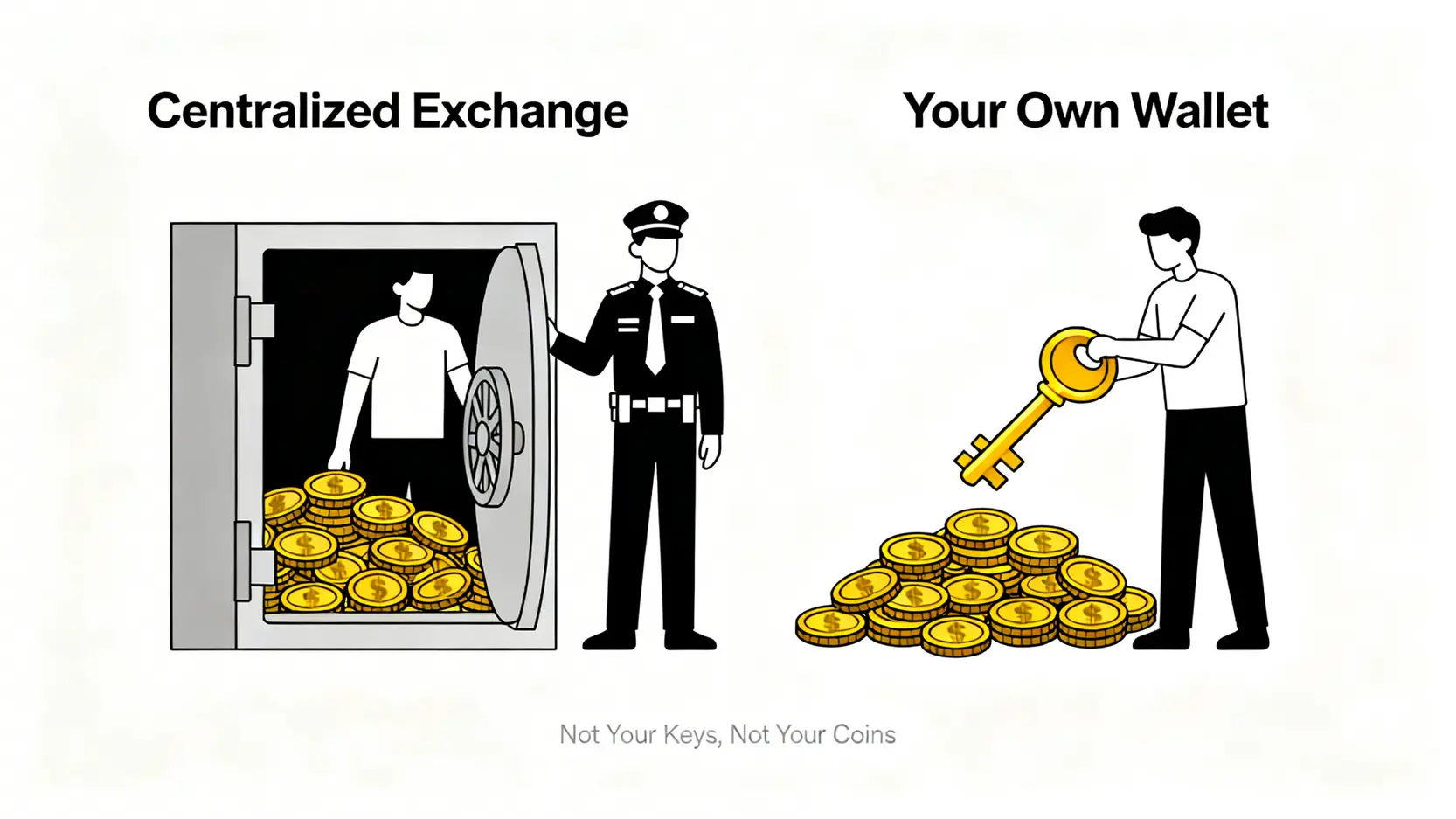 一張概念圖,對比中心化交易所託管資產與用戶通過私鑰自主掌控資產的區別,闡釋 Not Your Keys, Not Your Coins 的概念。