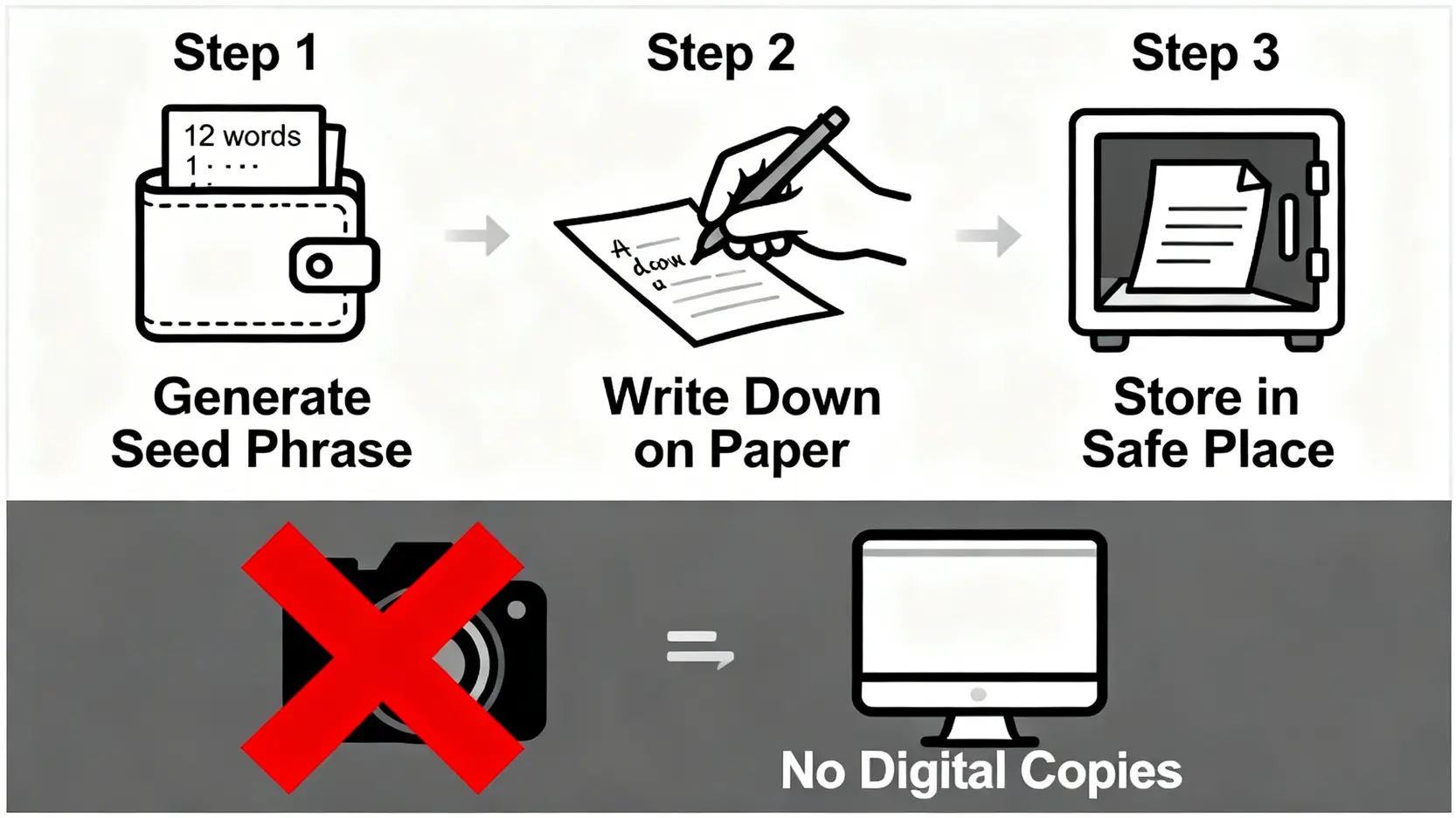 一張流程圖,展示備份加密錢包助記詞的三個步驟:生成助記詞、用紙筆抄下、存放在安全物理位置。