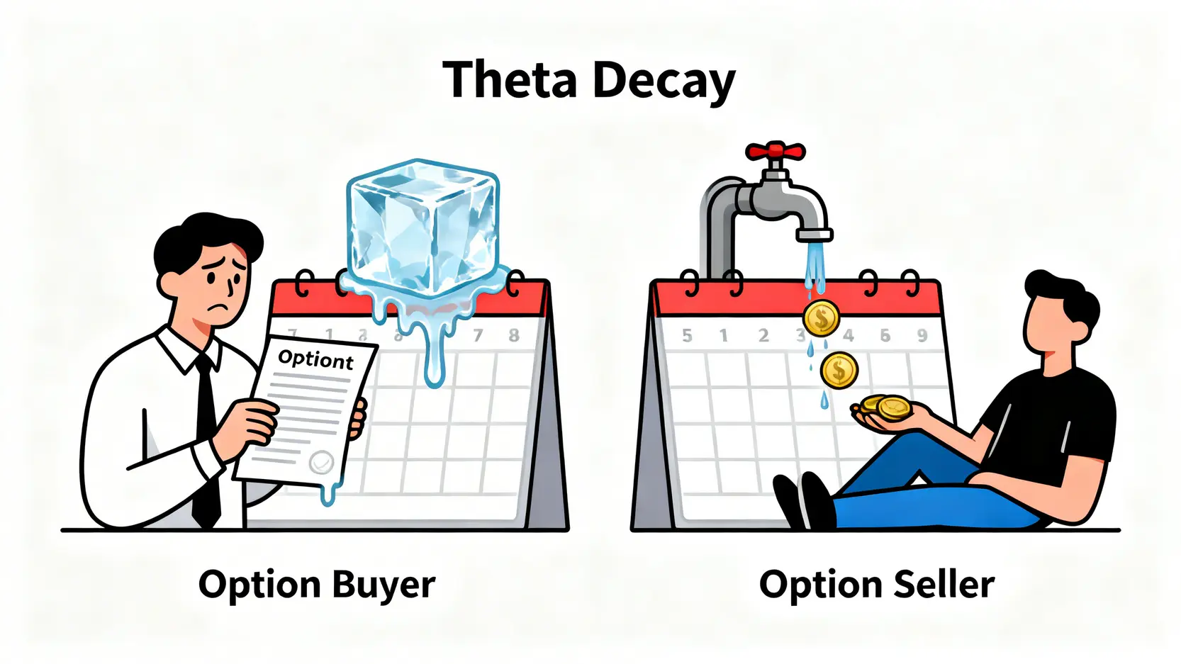 一張概念圖解釋時間值損耗(Theta Decay),左邊顯示期權買方的合約價值像冰塊一樣融化,右邊顯示期權賣方則像在收錢。