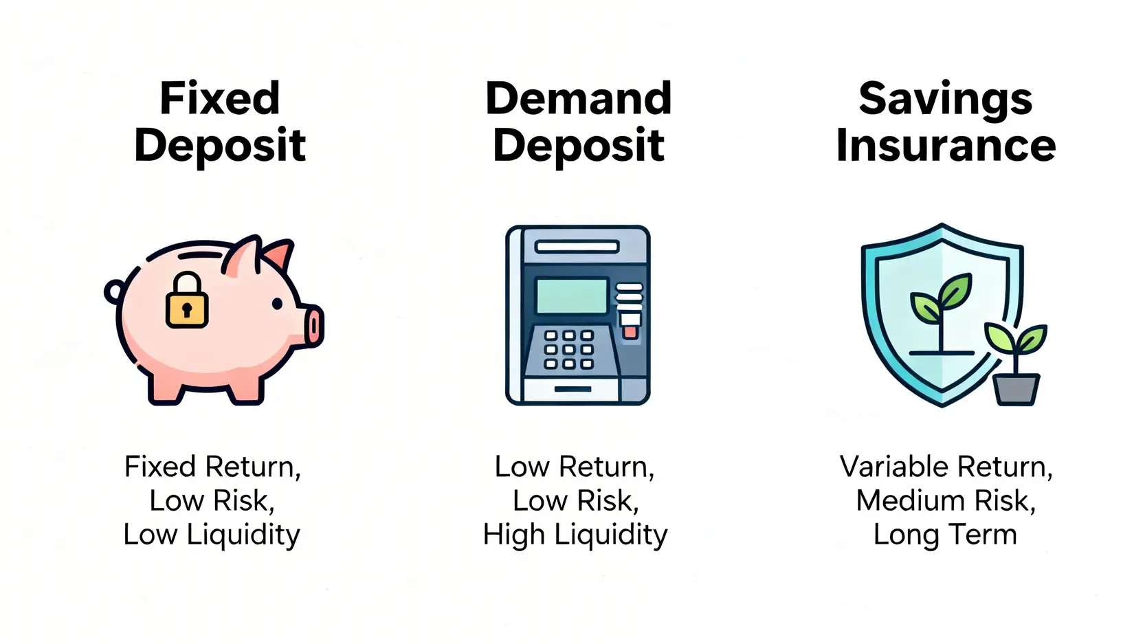 定期存款、活期存款與儲蓄保險三大理財工具比較圖。