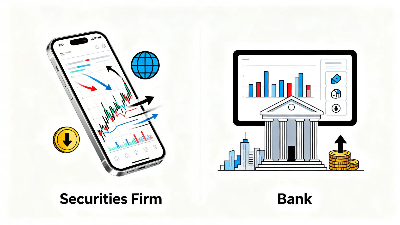證券行與銀行股票戶口的對比圖,顯示兩者在交易平台、費用和產品種類上的差異。