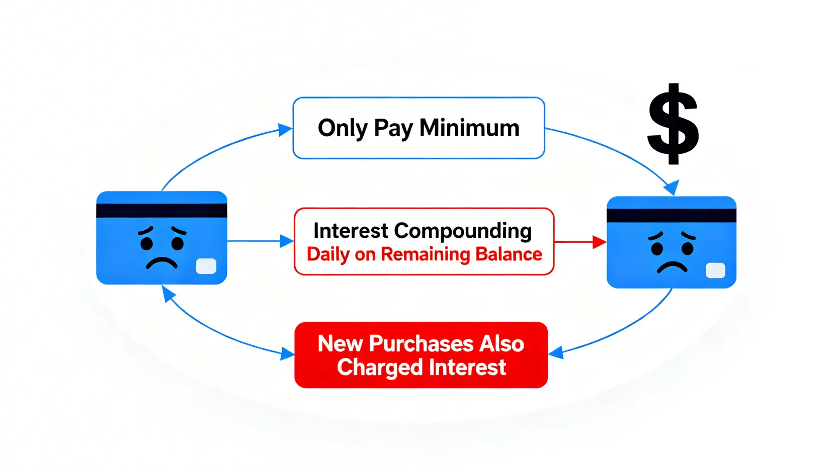 一張圖解信用卡只付最低還款額(Min Pay)後,利息複式計算導致債務循環增加的流程圖。