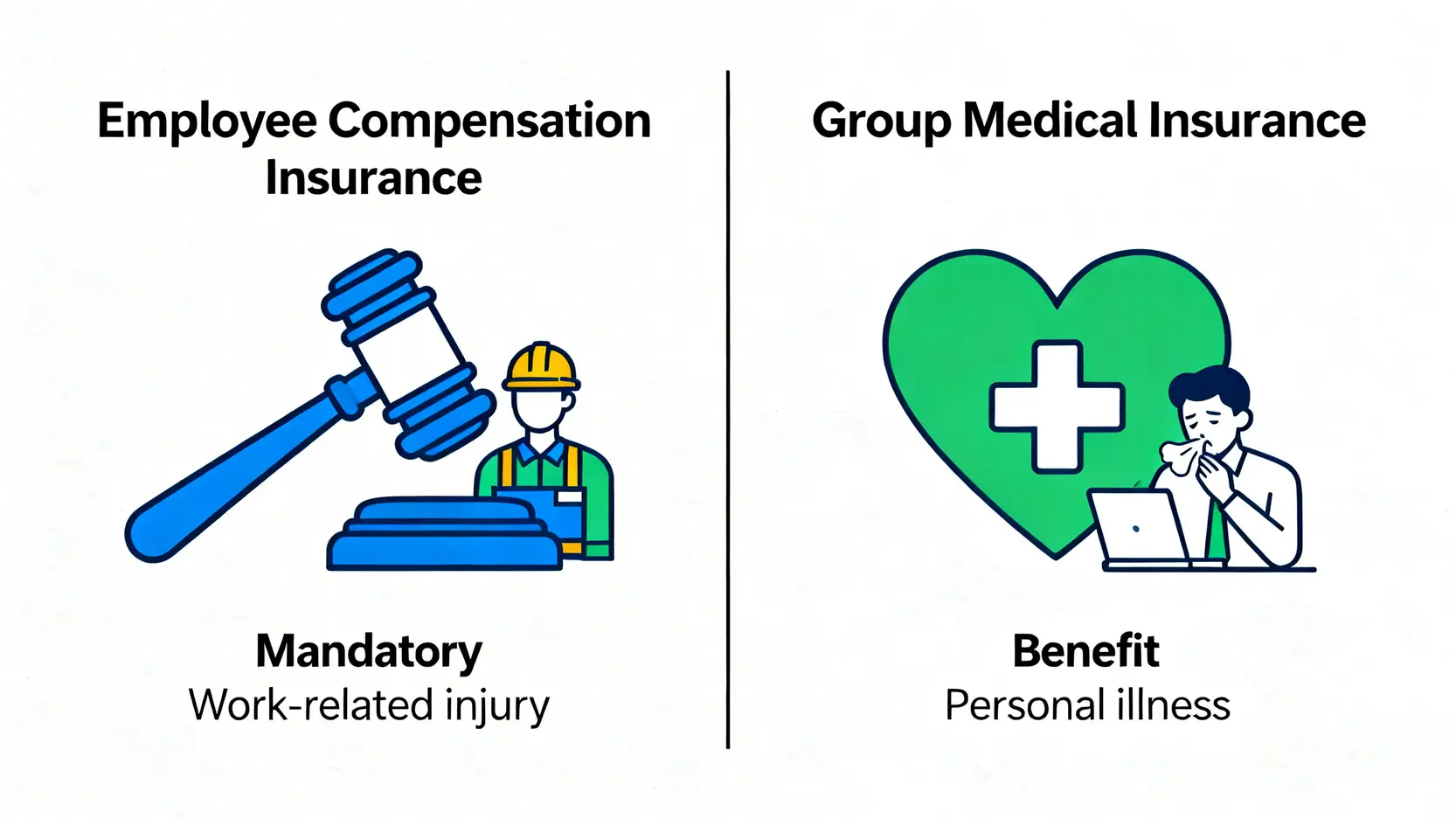 勞工保險與公司團體醫療保險的對比圖,前者是針對工傷的法定要求,後者是針對個人疾病的公司福利。