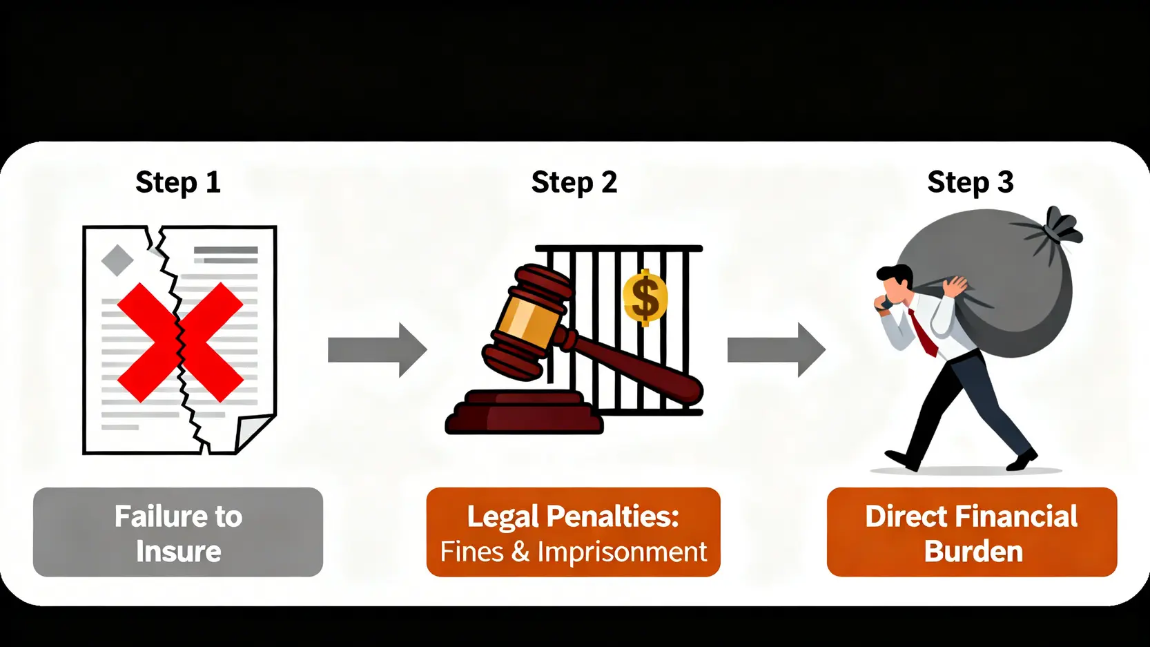 顯示不購買勞工保險後果的流程圖,包括面臨法律懲處如罰款和監禁,以及承擔巨額賠償的財務風險。