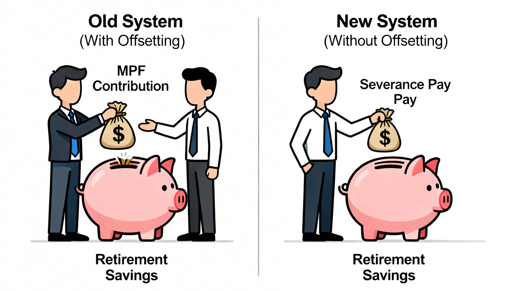 強積金對沖取消前後的對比圖,顯示新制度下僱員的退休儲蓄得到更完整的保障。