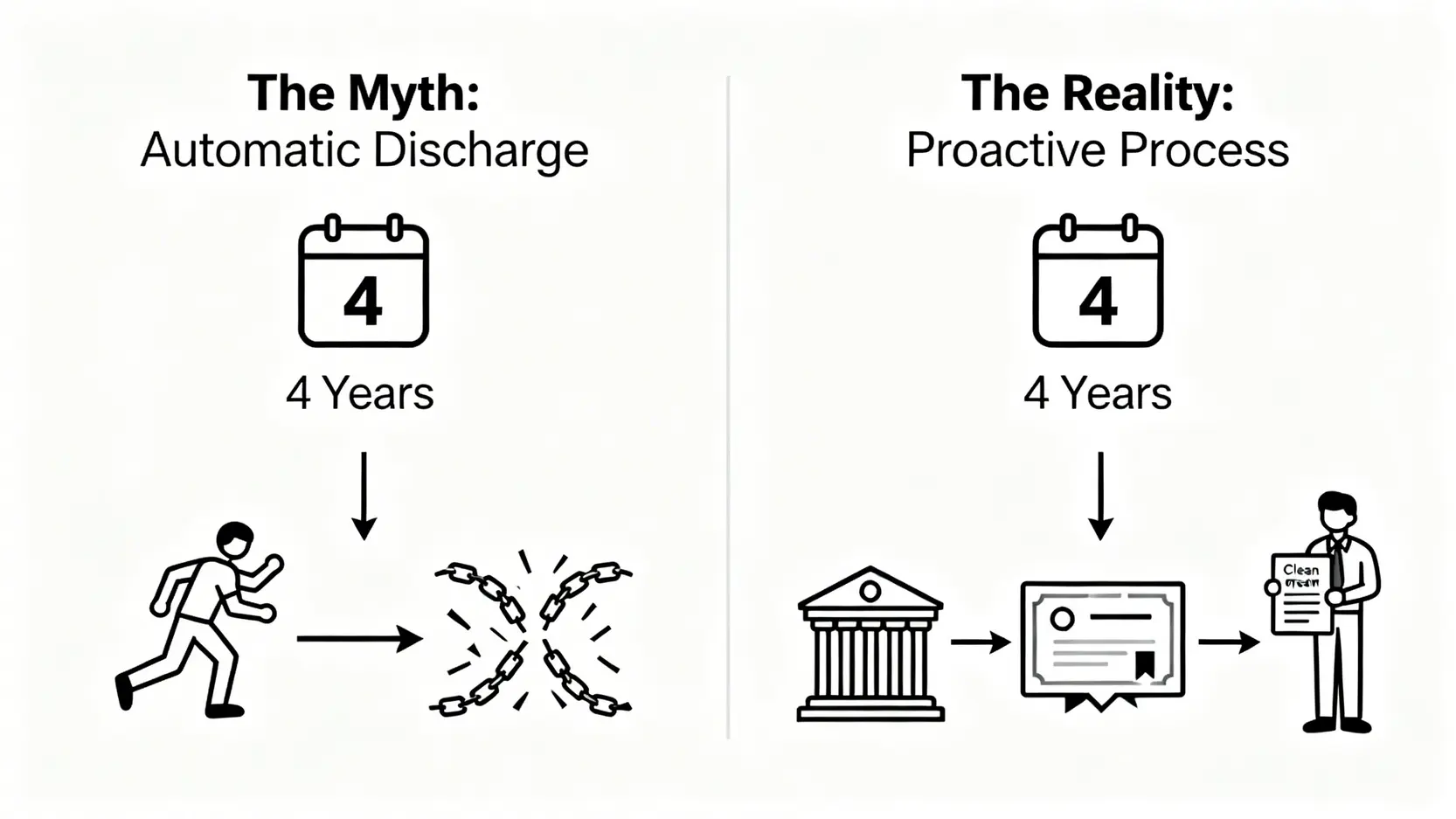 對比圖,左側顯示破產期滿後自動恢復自由的迷思,右側則顯示需要主動申請證明書並更新信貸報告的實際流程。