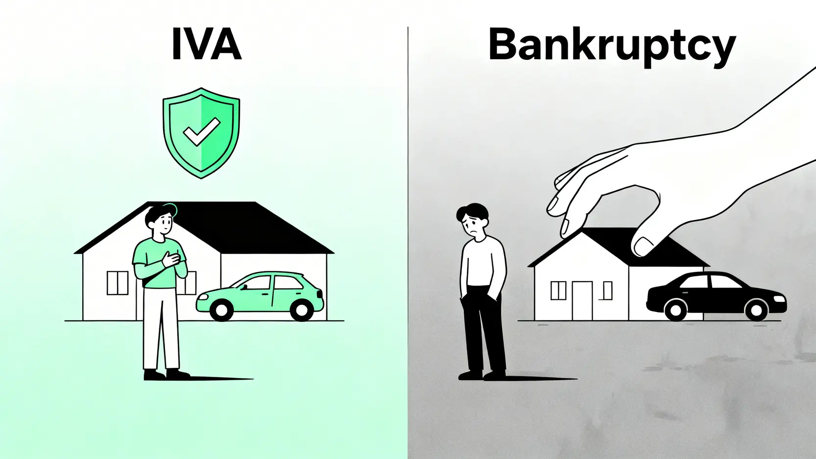 債務重組IVA與破產在資產處理上的核心差異對比圖。