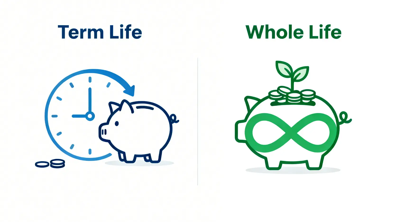 定期人壽與終身人壽保險的核心分別對比圖,展示了兩者在保障期限、保費和現金價值上的差異。