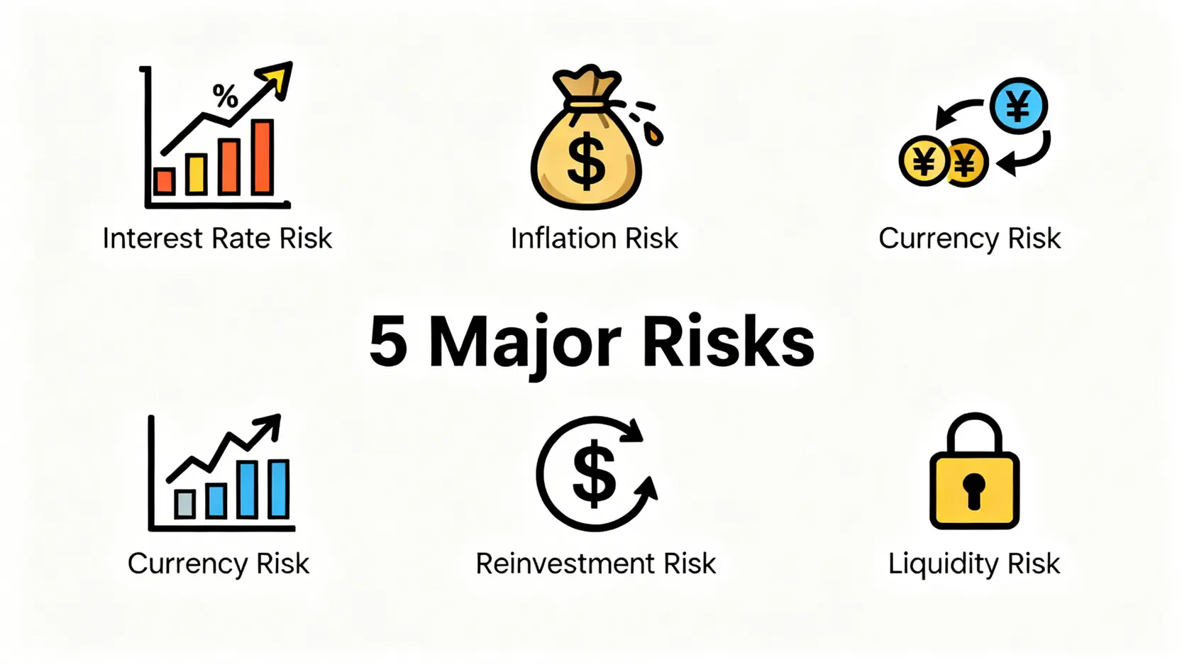 一張圖總結買美債的五大風險:利率、通脹、匯率、再投資及流動性風險。