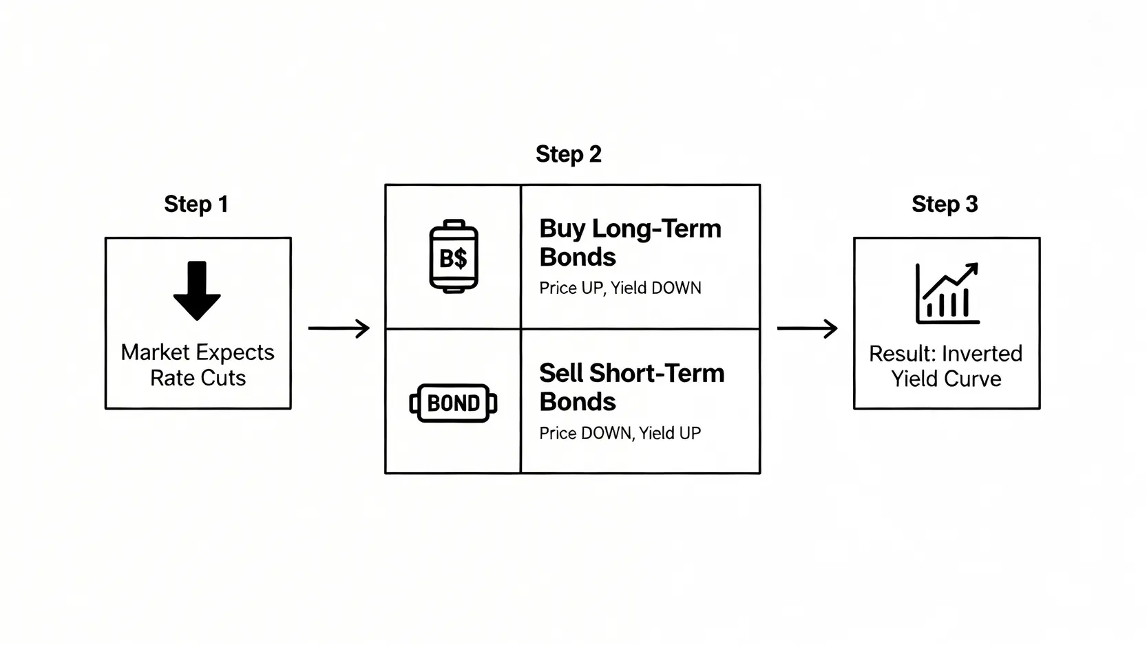 孳息率倒掛成因流程圖,解釋市場預期如何影響長短期債券交易。