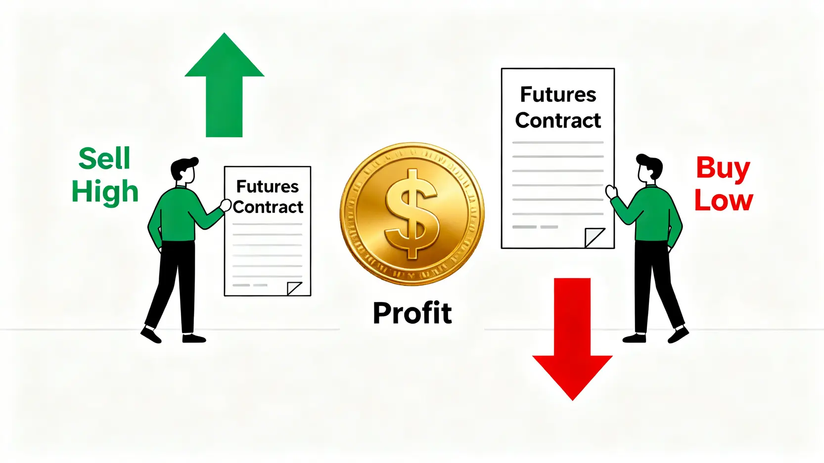 一張概念圖,解釋做空美債期貨的獲利原理:在高價時賣出合約,在低價時買回合約,從中賺取差價。