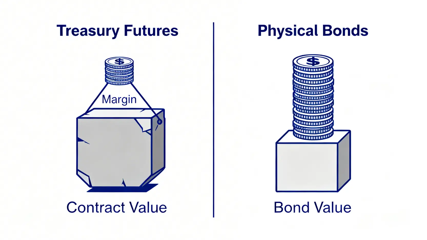 一張對比圖,比較美債期貨與實體債券的差異,突顯期貨交易只需少量保證金即可操作高價值合約的槓桿特性。