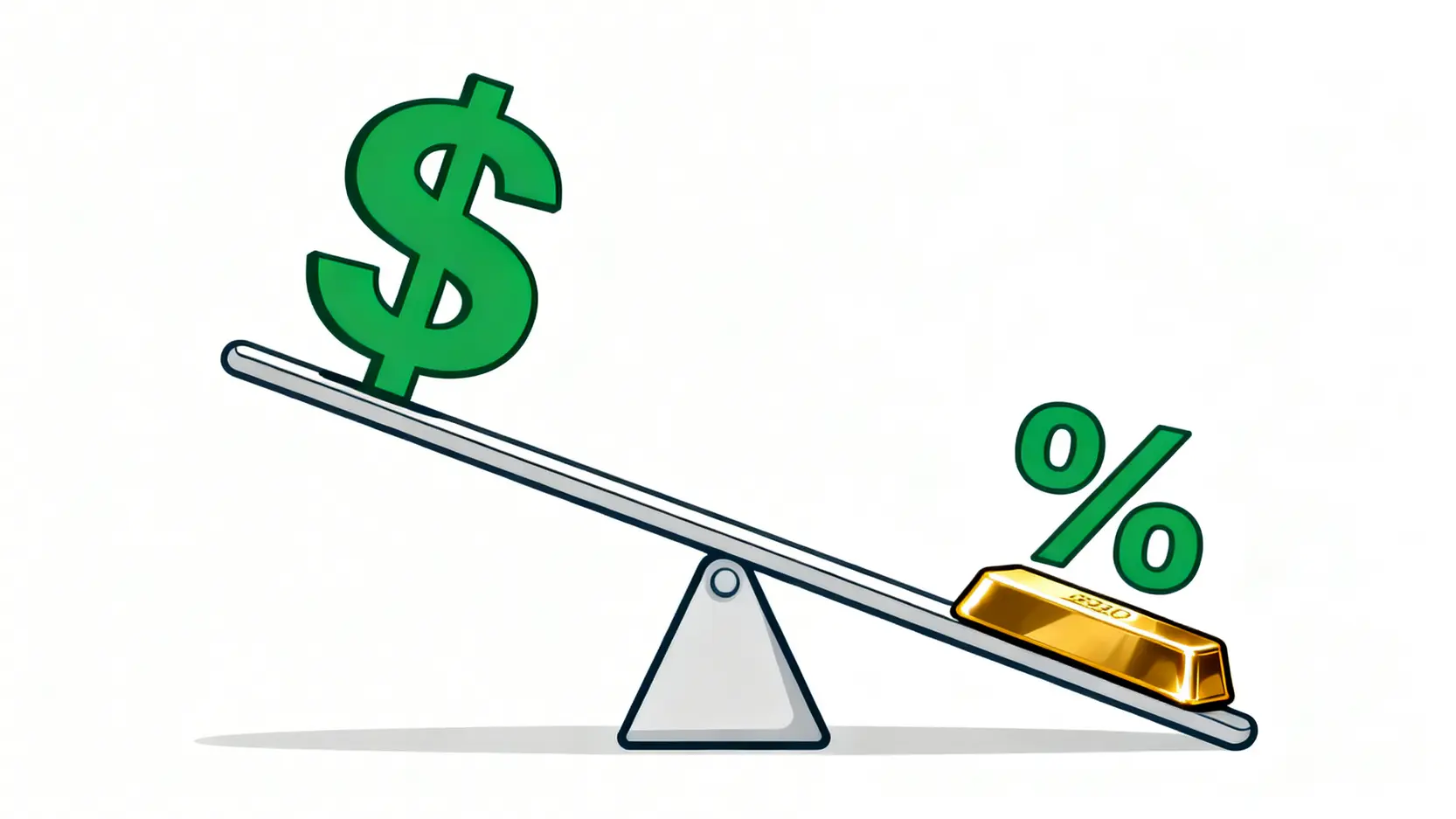 一張概念圖,描繪一個蹺蹺板,一端是美元符號和利率百分比符號正在上升,另一端是一塊金條正在下降,象徵它們之間的負相關關係。
