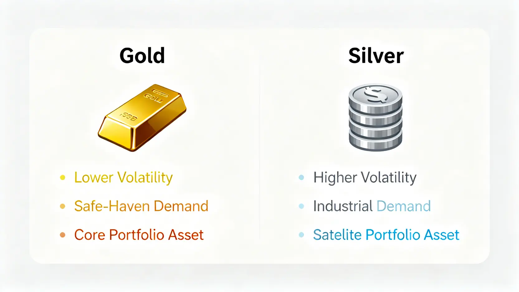 黃金與白銀投資屬性對比圖,顯示黃金波動性較低,主要為避險需求,是核心資產;而白銀波動性較高,主要為工業需求,是衛星資產。